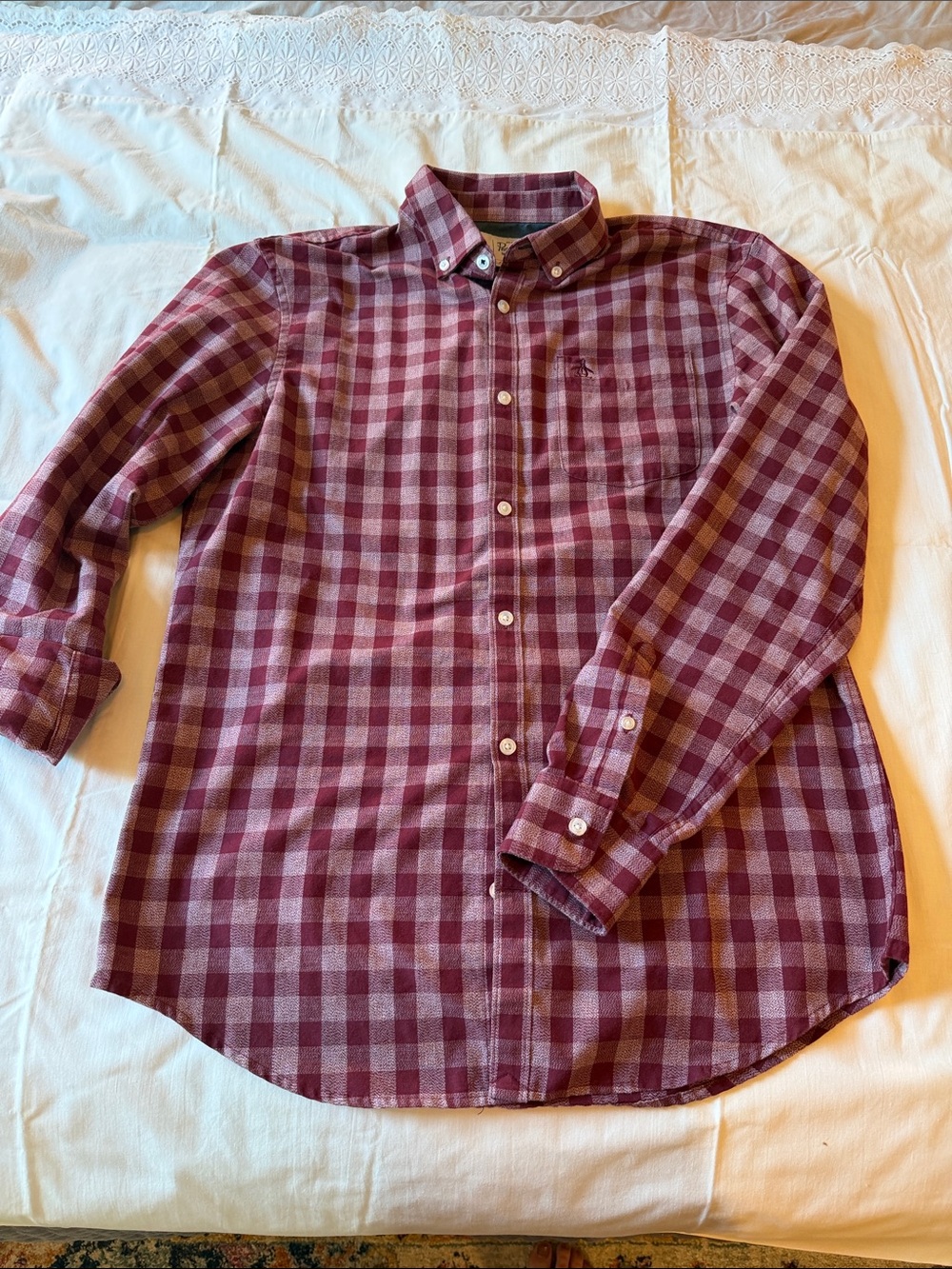 Original Penguin Men's Burgundy and Gray Plaid Button-Down Shirt
